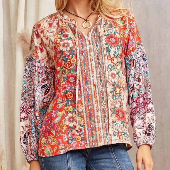 Savanna Jane Tops - Savanna Jane Mixed Print Floral Embroidered Blouse Ruffle Tie Neck Boho L